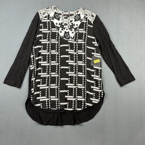 John Mark Top Women Small Black Anastasia Embroidered Aztec Geometric Blouse NEW - Picture 1 of 16